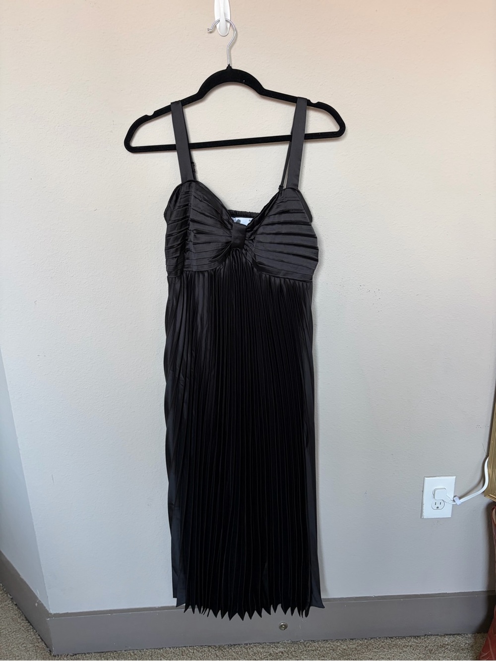 Black Pleated Midi Dress with Knot Front Straps